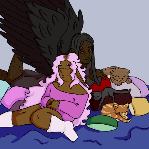 lesbianmichelmishina: [Image: Taako and Kravitz are lying on a pile of pillows. Taako - a fat brown-