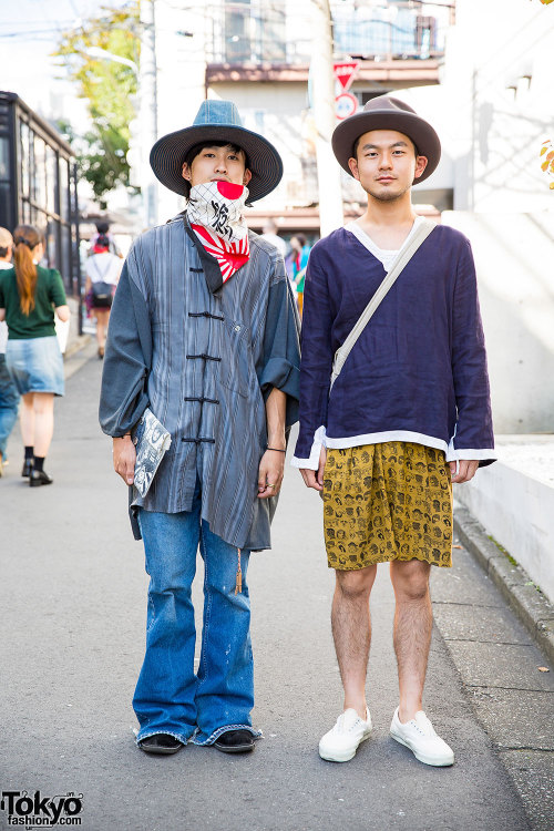 Kazushiro &amp; Atsuki on the street in Harajuku wearing fashion from Elephant TRIBAL Fabrics, Boy T