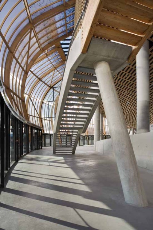 archatlas:  Limoges Concert Hall Bernard Tschumi Architects “The concept for the project began with a double envelope: an outer skin made of wood arcs and translucent rigid polycarbonate sheets and an inner acoustical envelope of locally grown