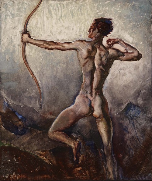 thunderstruck9:  H. Willard Ortlip (American, 1886-1964), Untitled (Male Nude with Drawn Bow), c.1934. Oil on fiberboard.