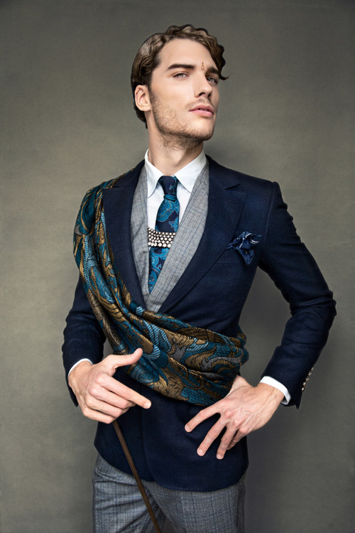 menandfashion:  REMINESCENCE | Sasha Marini andAurelien Muller by Brice Hardelin for Vangardist November 2013 (1) Zara suit, shirt and tie Smalto (2) Smalto, scarf Zara (3) vest Smalto, Zara scarf (4) Smalto, necklace Zaraindian-like accessories