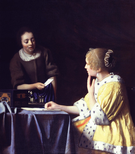 artist-johannes-vermeer: Mistress and Maid (Lady with Her Maidservant Holding a Letter ), 1667, Joha