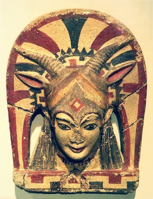 signorformica:Painted terracotta antefix depicting the Etruscan goat-horned goddess Uni, ancient cou