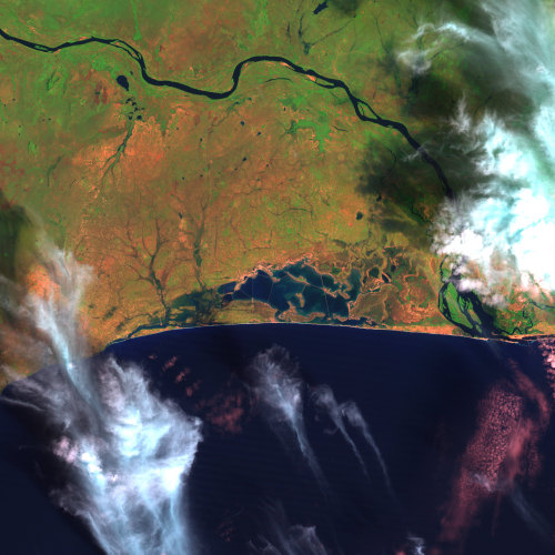 Songhor Lagoon (Ghana, December 1990), from NASA&rsquo;s Landsat satellite.The Songhor Lagoon is sha