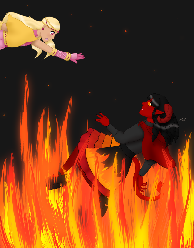 Digital drawing of two young women falling into a pit of fire. The one above, a human woman with light skin, blonde hair, and pink and yellow armor, is falling forwards, reaching out to the other woman and shouting. The one below, a tiefling woman with red skin, black ringlets, and a red and black gothic Lolita outfit, is falling backwards, looking up towards the other woman in awe with one hand raised towards her slightly even as she falls into the flames.