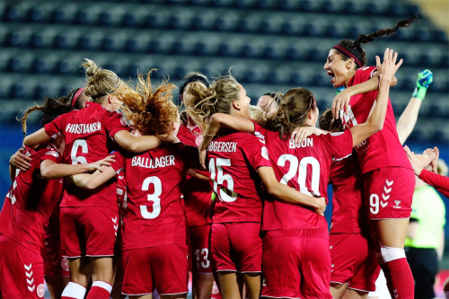 Denmark National Team celebrates after qualifying during UEFA Women&rsquo;s EURO 2022 qualifier 