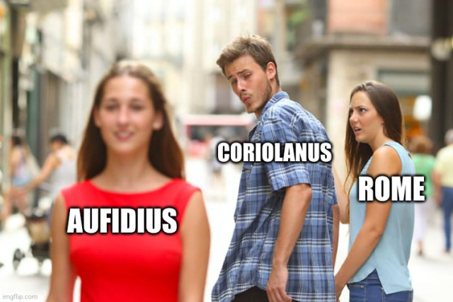 ID: The same distracted boyfriend meme but this time the girlfriend is labeled "Rome."