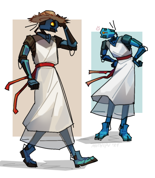 Two digital drawings of Mirage in the same dress as before. In the first, she's walking to the right and looking at the camera happily, holding her hat onto her head. In the second, which is smaller, she has no hat and looks annoyed. The background is white, with yellow and blue rectangles behind her.