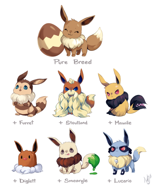cakesmashing:  loved too-much-green‘s pokemon variations with different parents, so here’s some silly eevees!  I want the furret! <3