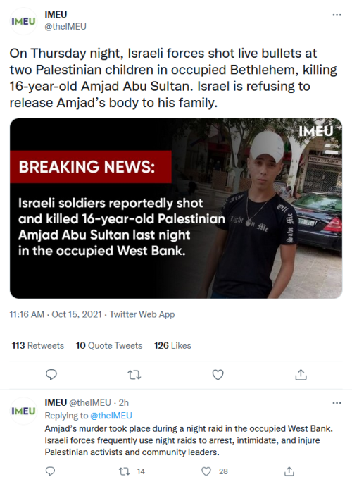 lordandgodoftheobvious:(Source.)[ID: tweet thread by @theIMEU. First tweet:On Thursday night, Israel