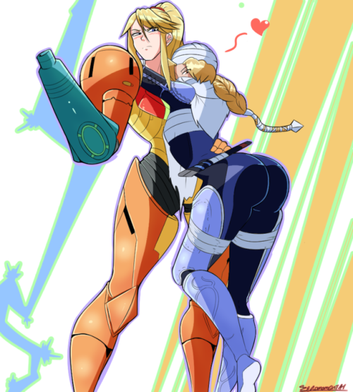 zeromomentaii:  Samus and Sheik showing some affection.The shading in this one is a bit wonky but eh