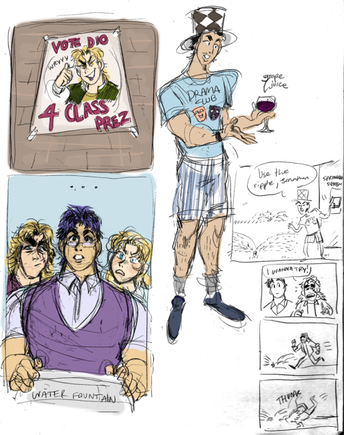 hermescostellos:last night pat and i came up with a phantom blood high school AU out of nowhere omg so i doodled during class…. jonathan is like…the really smart kid from a nice family, and speedwagon is a delinquent that gets like beaten up and saved