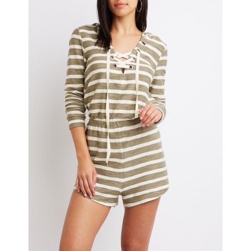 Charlotte Russe Striped Lace-Up Hoodie Romper ❤ liked on Polyvore (see more striped rompers)