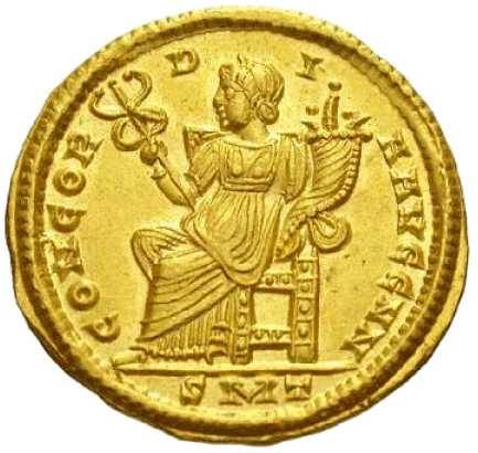Concordia, Goddess of Harmony. Roman gold aureus. The goddess is enthroned, thought by some scholars