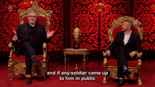 [ID: Four screencaps from Taskmaster. Greg Davies says, “And next to me, a man who once told me that