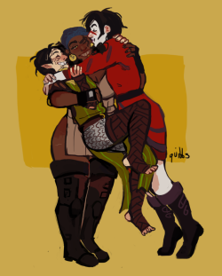 quibbs:  one of the best things i have ever been commissioned,,,,, some hawke/merrill/isabela from tumblr user merribelahawke!!!! i love them. i cherish them. 