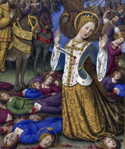 the-paintrist: maertyrer: Jean Bourdichon, Stundenbuch für Anne de Bretagne - Das Martyrium der Heiligen Ursula und der 11.000 Jungfrauen Saint Ursula (Latin for ‘little female bear’) is a legendary Romano-British Christian saint, died on October