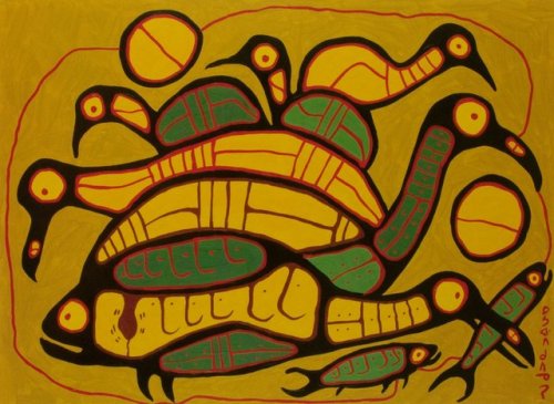 Norval Morrisseau, Family of Loons Feeding with Young and Cycles of Nature Lake Nipigon, 1992. Arcyl