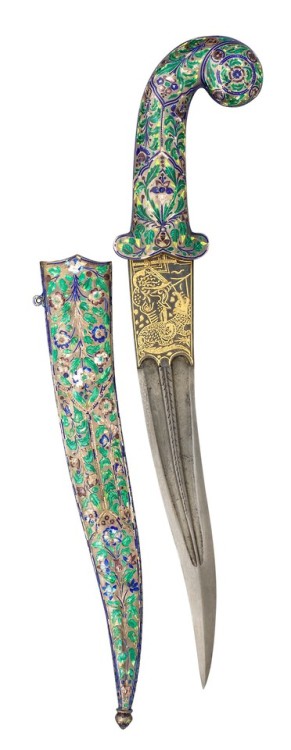 Gold inlaid dagger with enameled silver mounts, India, 19th or early 20th century.from Olympia Aucti