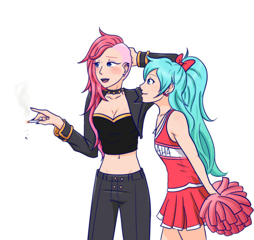 silent-shanin:  “Look, Luka-senpai! I’m wearing the necklace you bought me!"  "Y-yes, Miku-chan. It looks great." ‘Too close!! Not to mention, you’re practically showing me your boobs!'   Original design  Luka’s