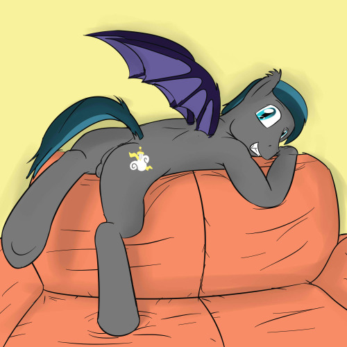 Lunar Solstice, the first bat pony to come try on a pair of trunks on the couch. Stream Request