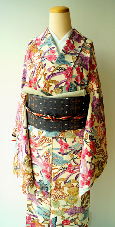 Joyful katazome (stencil dyed) chirimen kimono, with shiki (”all seasons”) pattern including peony, 