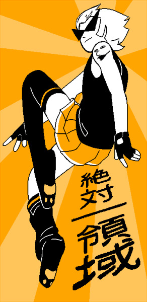 A pixel-art drawing of Dirk from Homestuck wearing black thigh highs with paws and an orange mini skirt. He's also wearing his black sleeveless t-shirt. He's posed dramatically, as if floating or jumping, looking over his shoulder towards the viewer smiling. One of the stockings is bunched up around his calf. 絶対領域 is written underneath him.