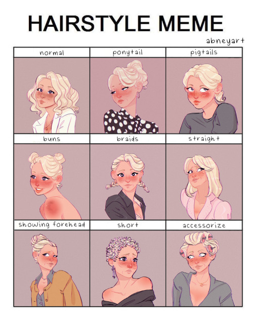 full hairstyle meme featuring my oc, Eleanore! Also tried to play with different expressions :PWhich