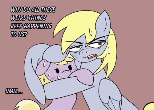 outofworkderpy:  Dinky: …I-I don’t know! XD Derpy: Lets go home. its been a loooooooong day. -_-‘ (( Guest Colab Artist: inqusitivecolt did the foreground Dinky, Derpy and his OC Inquisitive Colt, panels 2-5! He also did the original drawing from