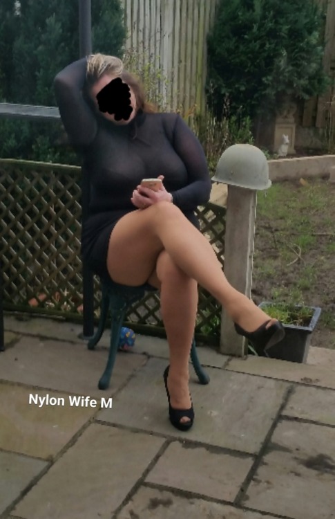nylonwifem: Peep toes in the garden Gorgeous M, love the massive tits through that very nice little 