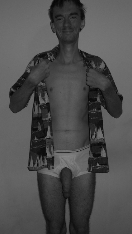 monsterdickted:Hanging out of underwear with a sailboat shirt.