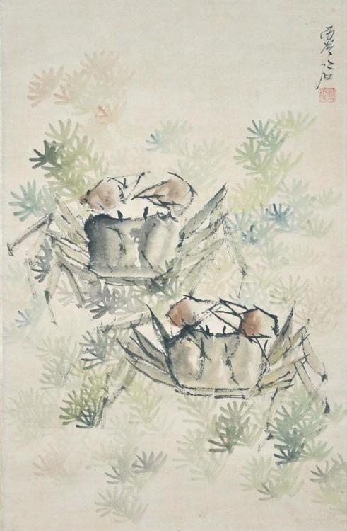 XU GU. Crabs, 19th century, hanging scroll- ink and color on paper.
