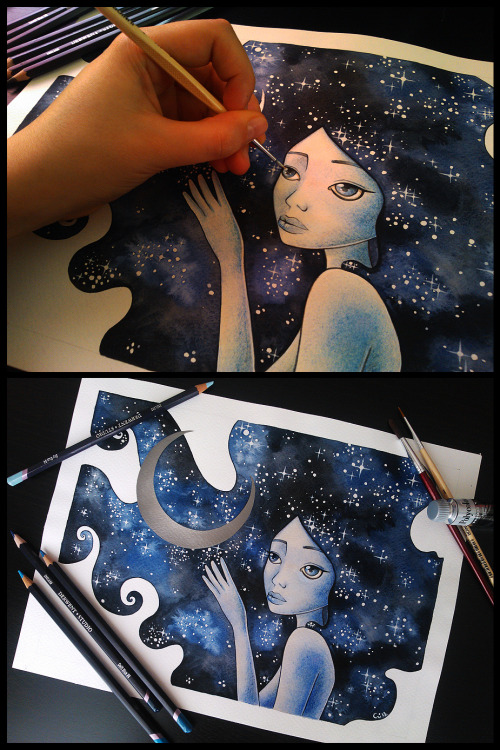 Chosen to Reach the Moon (silver effect) Watercolors, pastels and silver acrylic on 25% cotton paper