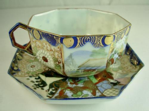 Antique Kutani Meiji or Taisho porcelain cup & saucer, with birds, Geisha - Hand painted, gold g