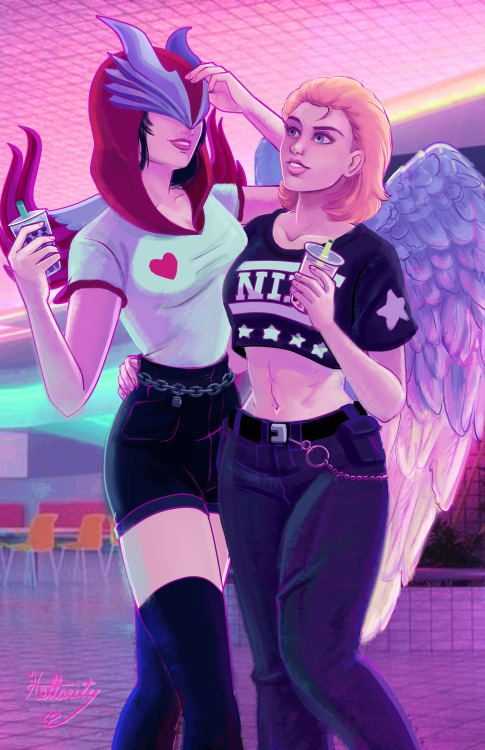 thegoombs: Commission of Nike and Nemesis out on a boba tea date. Just gals being pals. Message me f