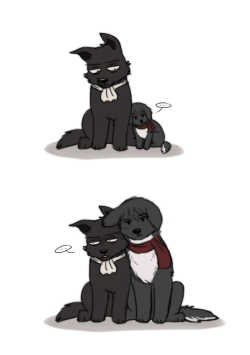 falcon94ssy:  artist: Happy-Zency [facebook] tumblr: @nadenwolf [With written permission to repost. Please do not repost or remove source] Dog!Levi and Puppy!Mikasa 