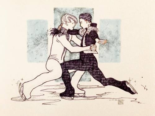 callmekitto: aud-works:  aud-works: WELP. #yurionice Here’s a clean scan of this piece!  (This is much closer to what the colors actually look like.)  oh my god I can’t handle seeing aud do yuri on ice art. hashed tagged blessed 