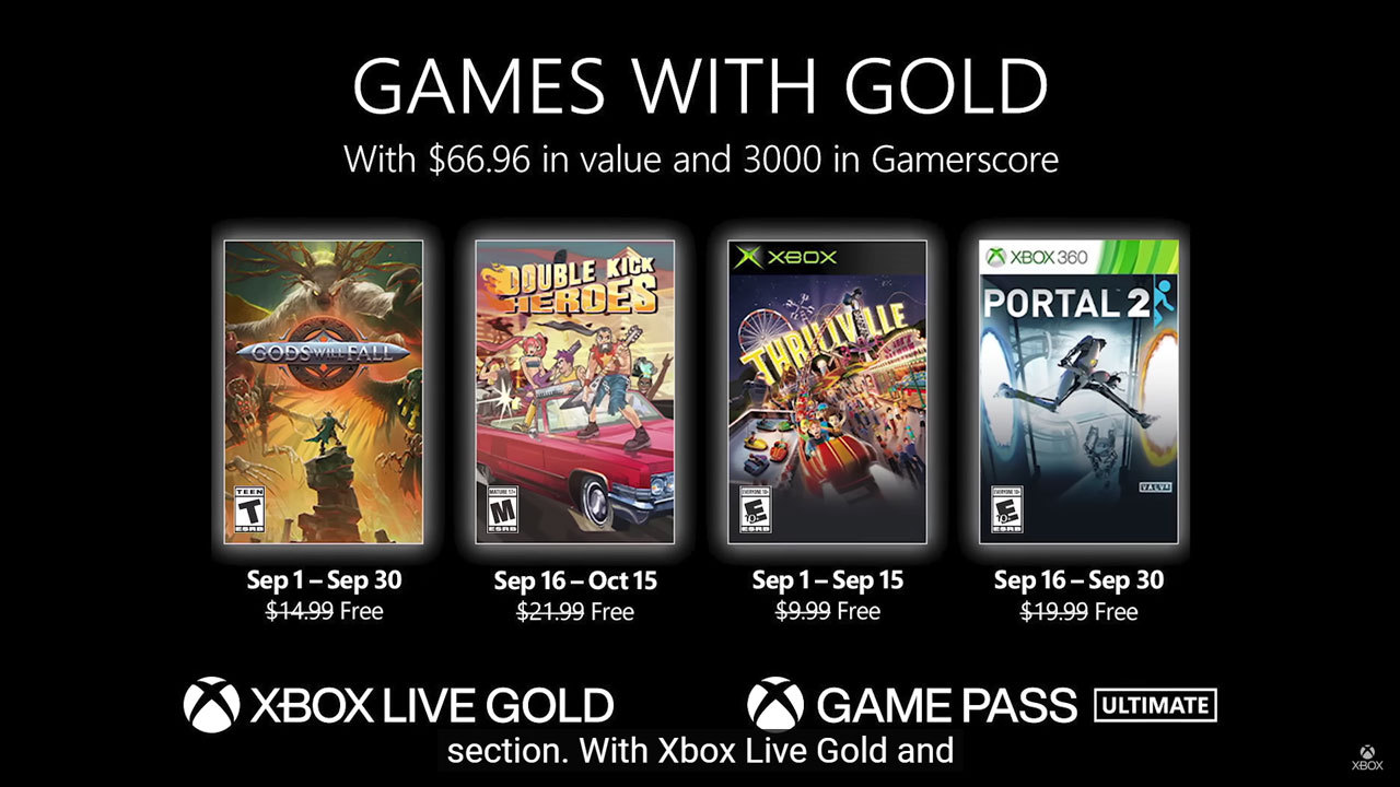 Xbox, Games with Gold, September 2022, Gods Will Fall, Double Kick Heroes, Thrillville, Portal 2, NoobFeed