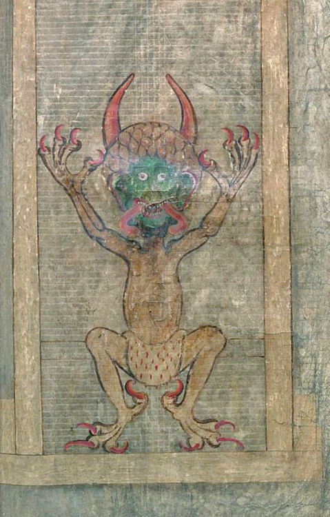 marthajefferson:  innerbohemienne:  The Codex Gigas  The Codex Gigas (or ‘Giant Book”) is also known as “The Devil’s Bible.” A curious illustration of Lucifer gives the tome its nickname. The 13th-century manuscript is thought to have been created