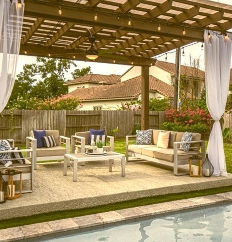 Transitional Patio - PatioExample Of A Large Transitional Backyard Patio Design With Decking And A Pergola