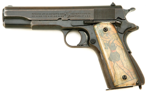 A Colt 1911 semi automatic pistol manufactured in 1918.  Re-issued during World War II, the GI who c