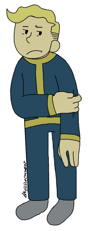 ginghamcheckers:[ID: Vault Boy drawn standing with a disinterested, upset expression. He is looking 