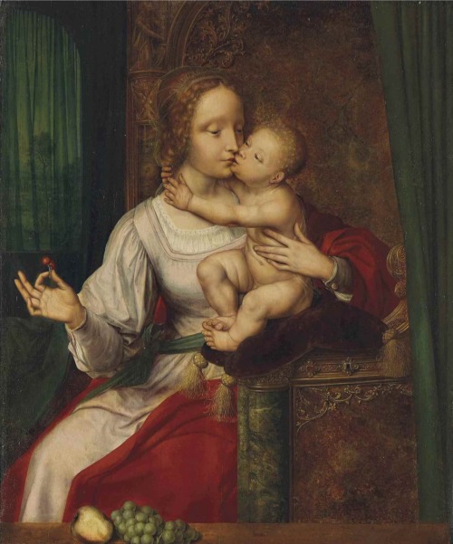 The Madonna and the Cherries. Oil on oak panel. 76 x 62.7 cm. Studio of Quentin Metsys.(1466-1530).