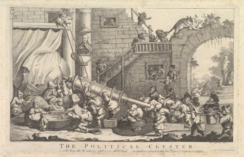 A political cartoon entitled &ldquo;The Political Clyster&rdquo;. Published by Robert Sayer circa 17