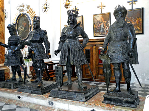 Statues from the tomb of Emperor Maximilian I in the Hofkirche, Innsbruck including a bronze figure 