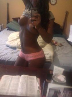 filthpin:  Sexy amateur ebony babe in pink panties taking selfie