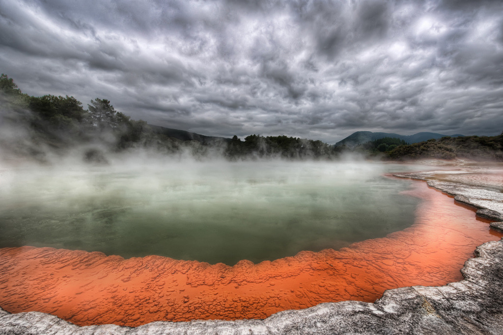 earthstory:
“ The Champagne Pool
This hot spring is found in an area known as the Waiotapu geothermal area on New Zealand’s North Island.
The hot spring sits in a crater 65 meters across and reaches temperatures of ~75℃. The vivid colors around the...