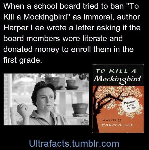englishmonkey:
“ pizzaismylifepizzaisking:
“ ultrafacts:
“ Early-1966, believing its contents to be “immoral,” the Hanover County School Board in Virginia decided to remove all copies of Harper Lee’s classic novel,To Kill a Mockingbird, from the...
