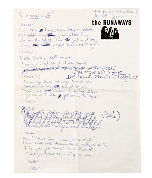 Handwritten lyrics to ‘Cherry Bomb’ by Joan Jett, 1975