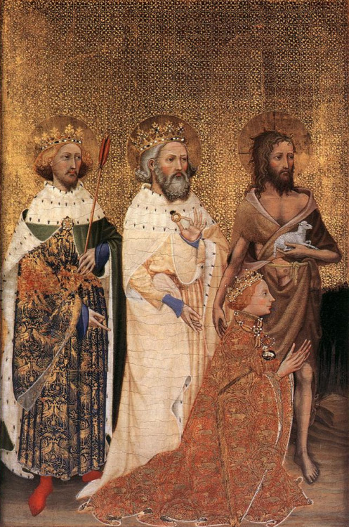 theperfumeoftraitors:The Wilton Diptych - Richard II kneeling before his patron saints Edmund the Ma